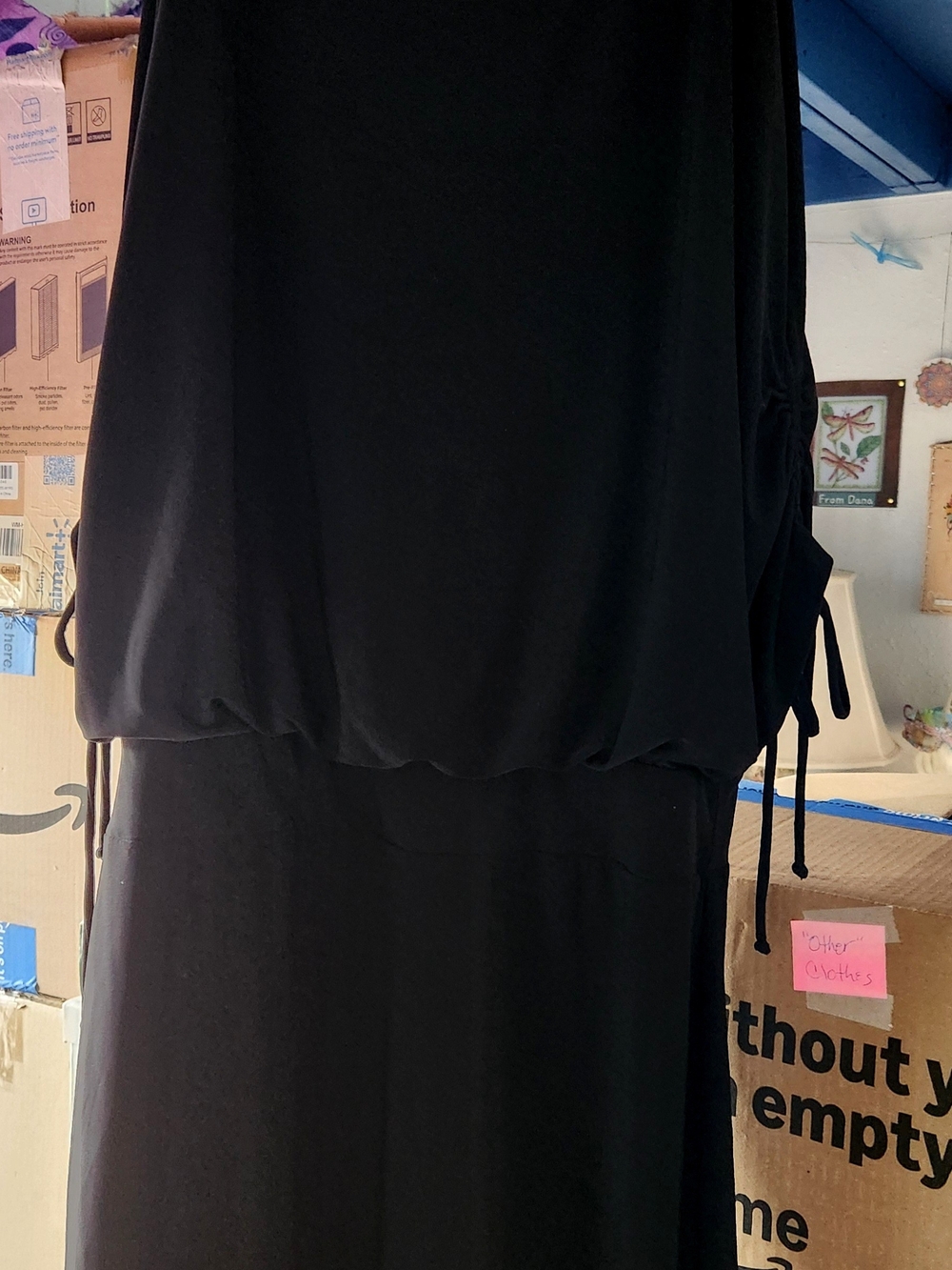 Soho Apparel Ltd. Black Cold-Shoulder Blouson Dress with Gold Chain Detail